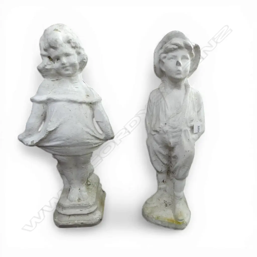 WHITE PAINTED CONCRETE GARDEN ORNAMENTS GIRL & BOY H.590mm Image 1++