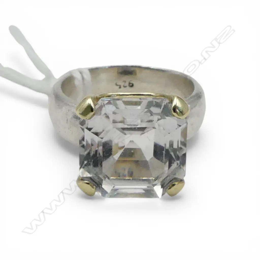 999 SILVER RING w. WHITE KUNZITE ASSCHER CUT STONE, 14CT CLAW SET 7.6gms SIZE L1/2 Image 1++