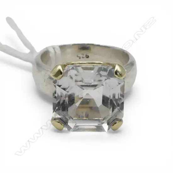 999 SILVER RING w. WHITE KUNZITE ASSCHER CUT STONE, 14CT CLAW SET 7.6gms SIZE L1/2