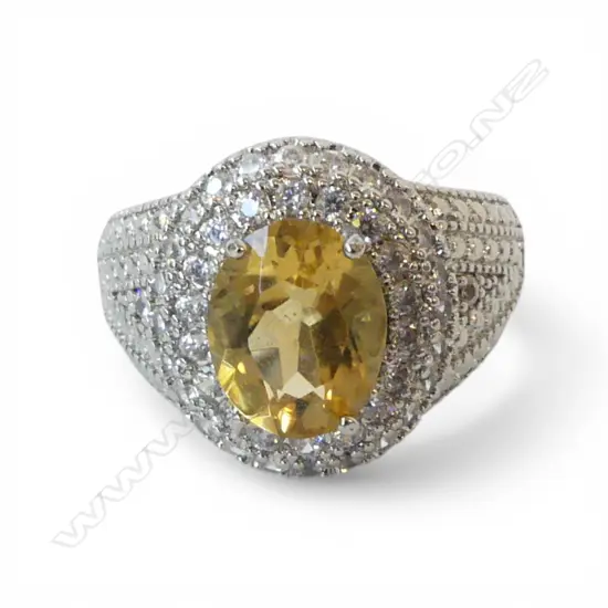 SILVER PLATED CITRINE & CZ RING, AIG CERT SIZE Q