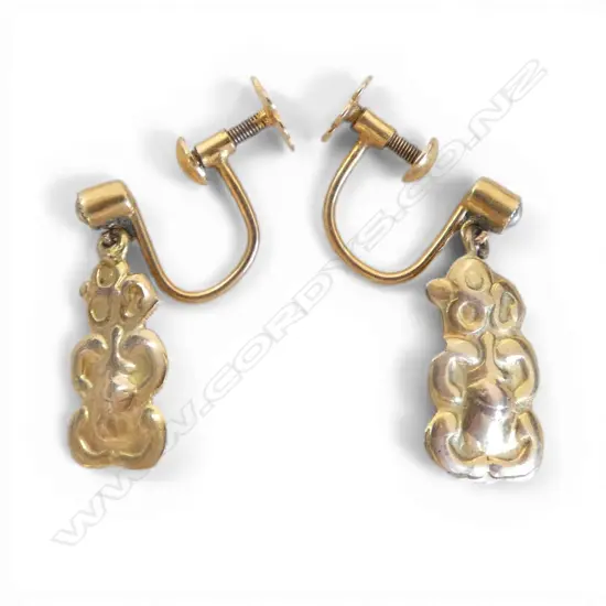 PR 9ct GOLD SUSPENDED HEI TIKI EARRINGS 15ct screw-on fittings  1.8gms