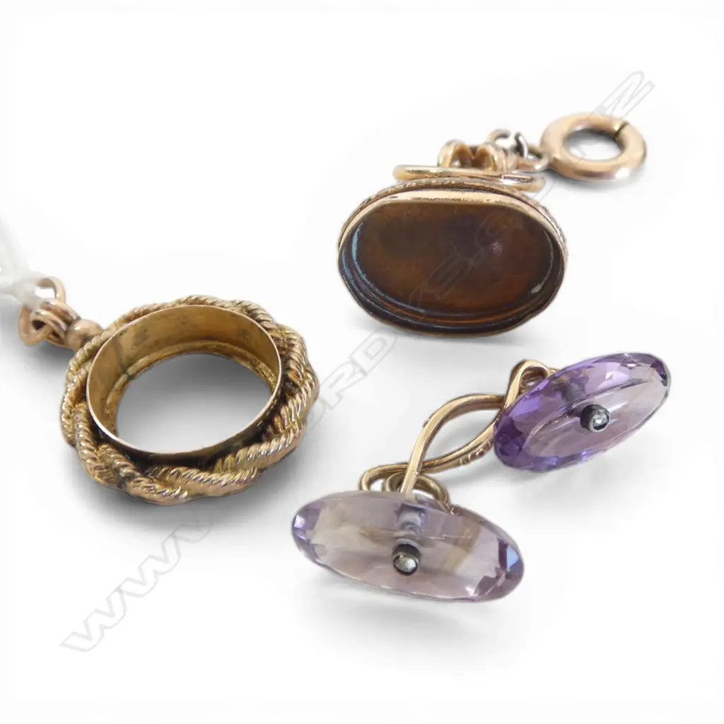14ct AMETHYST & DIAMOND CUFFLINK, 2.94gm + 9ct ROUND PENDANT, 1.46gm & PLATED FOB Image 1++