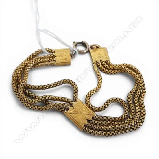 18ct YELLOW GOLD ALBERTINA CHAIN 4 strand box link w 3 engraved fittings plated clasp fitting. L.195mm. 16gms