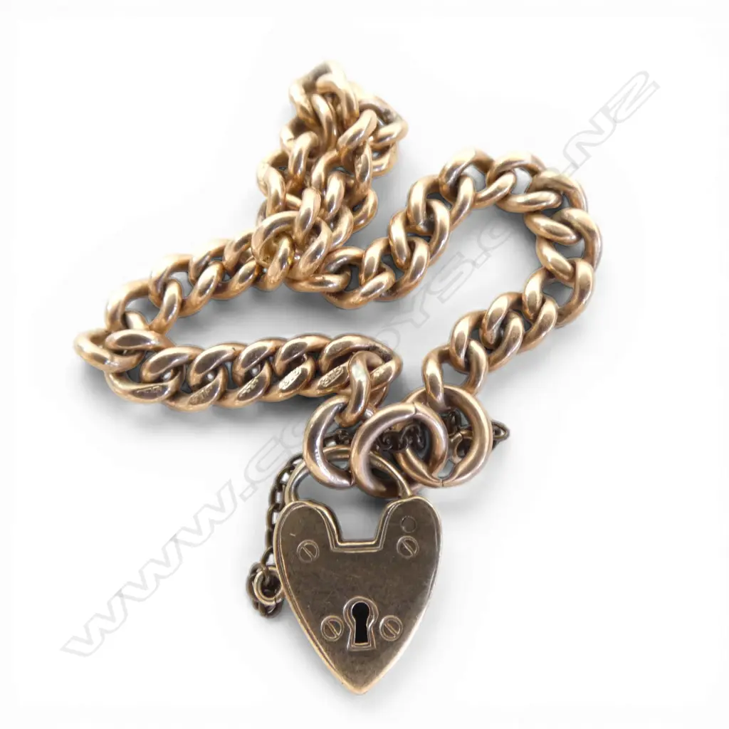 9ct ROSE GOLD CURB LINK BRACELET w. HEART CLASP, W4.9mm D2.7mm L160mm, 12.17gms saftey chain not gold WITH VALUATION Image 1++