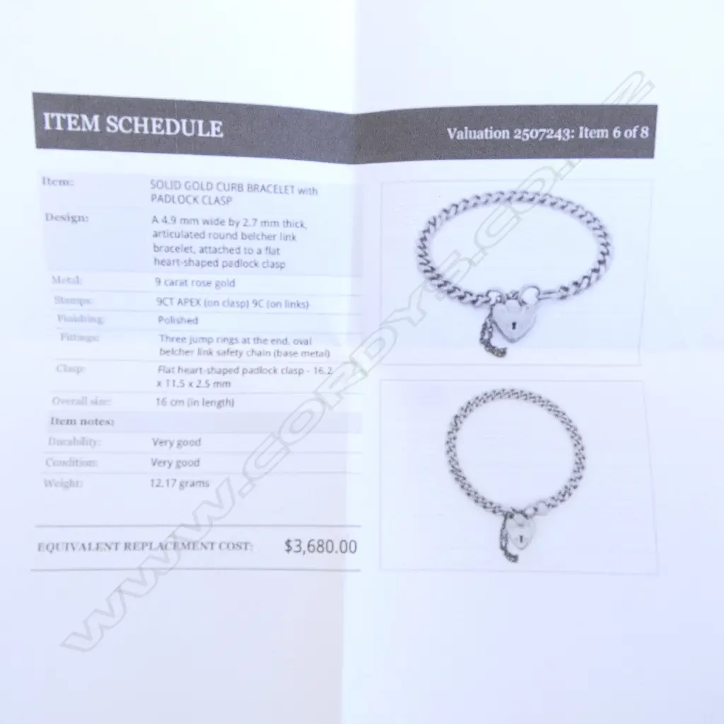 9ct ROSE GOLD CURB LINK BRACELET w. HEART CLASP, W4.9mm D2.7mm L160mm, 12.17gms saftey chain not gold WITH VALUATION Image 1++