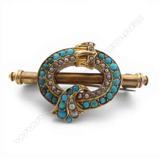 VICTORIAN 9ct GOLD TURQUOISE & SEED PEARL belt & buckle bar BROOCH 8.6gms 1 pearl missing 1 turquoise chipped 