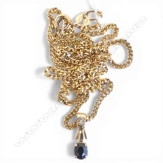 9ct YELLOW GOLD CHAIN with sapphire pendant  L.440mm 4gms