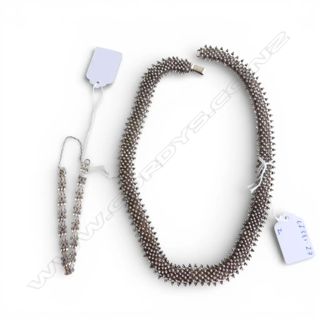 ETRUSCAN STYLE FANCY SILVER NECKLACE (.950) PLUS SMALL GATE LINK BRACELET NO CATCH(NO CLASP), 47g Image 1++