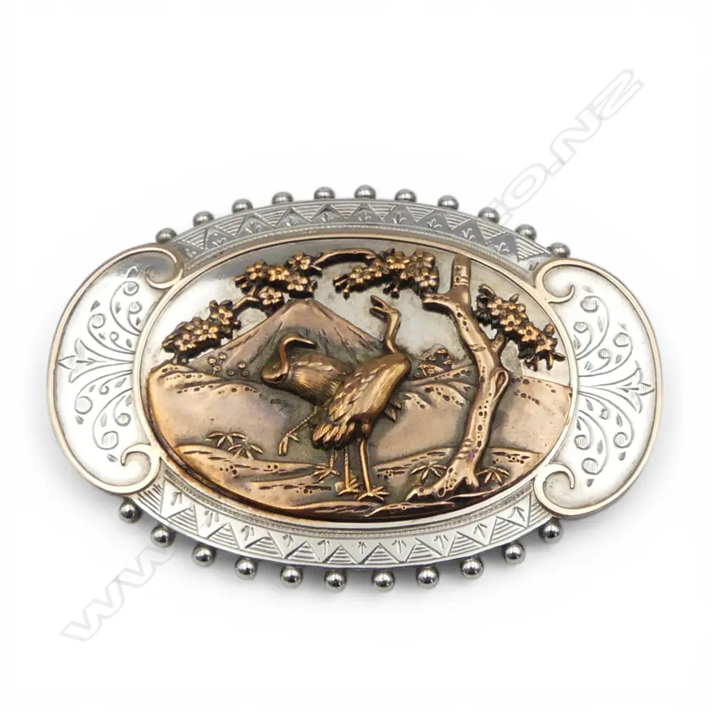 STG SILVER BROOCH w. GOLD HIGHLIGHTS; JAPANESE DESIGN, CRANES & MT. FUJI 45x63mm 22.7gms Image 1++