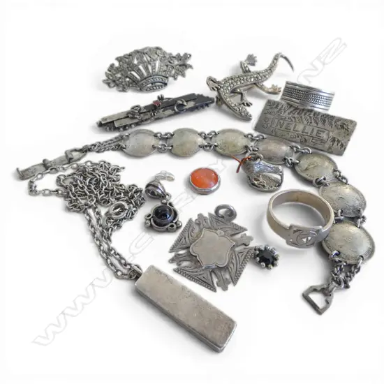ASST. MAINLY SILVER JEWELLERY: 2 marcasite brooches + other brooches Nealie etc + silver ingot pendant + coin bracelet +