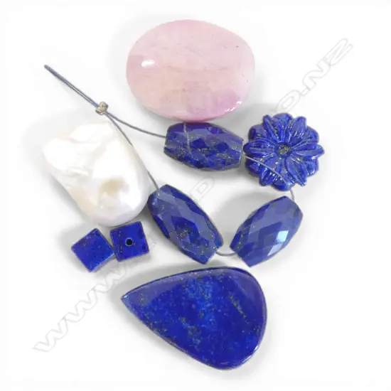 ASST. LAPIS BEADS & CUT STONES, PINK/WHT CLOUDY SAPPHIRE CABOCHON, 60.72ct & KEISHI PEARL PEARL  not drilled