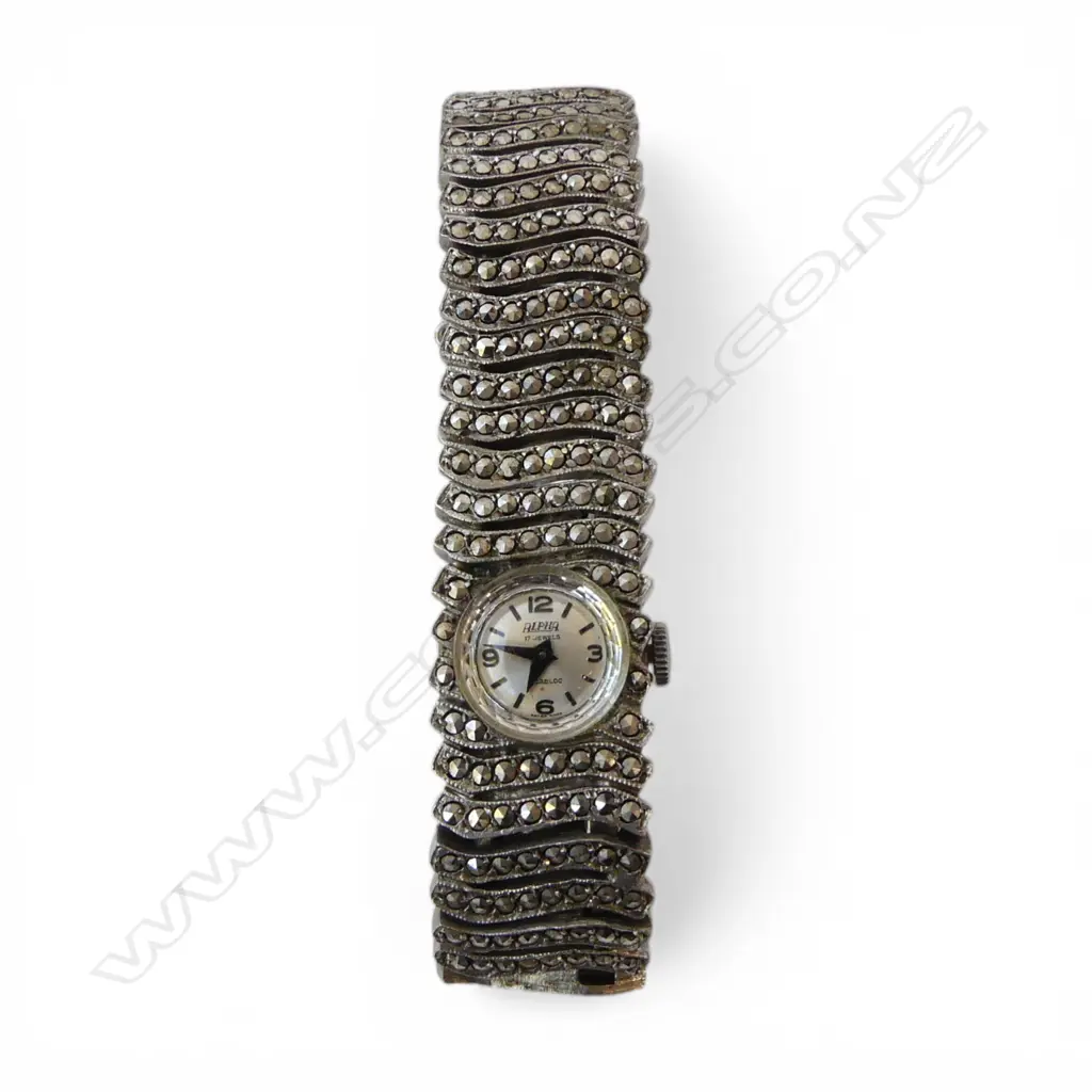LADIES S/SILVER & MARQUISITE WRISTWATCH 54GMS TOTAL WEIGHT Image 1++