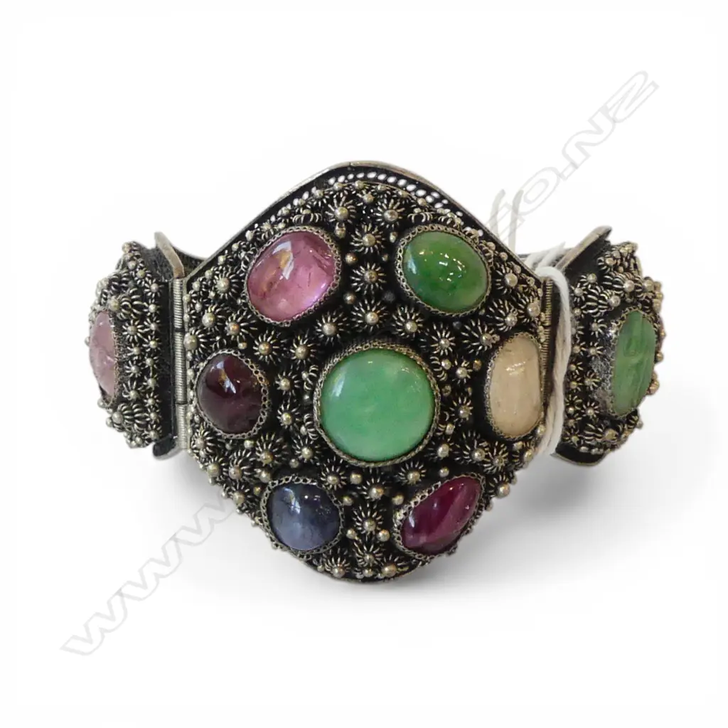 CHINESE FILIGRE SILVER BRACLET SET WITH CABACHON SAPHIRES RUBYS & JADE  TOTAL WEIGHT 51GMS Image 1++