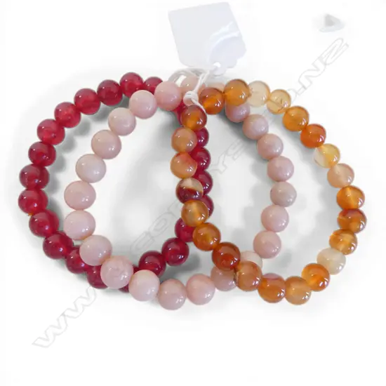 3 BEAD BRACELETS, RED JADE, PINK OPAL & CORAL QUARTZ, elasticised