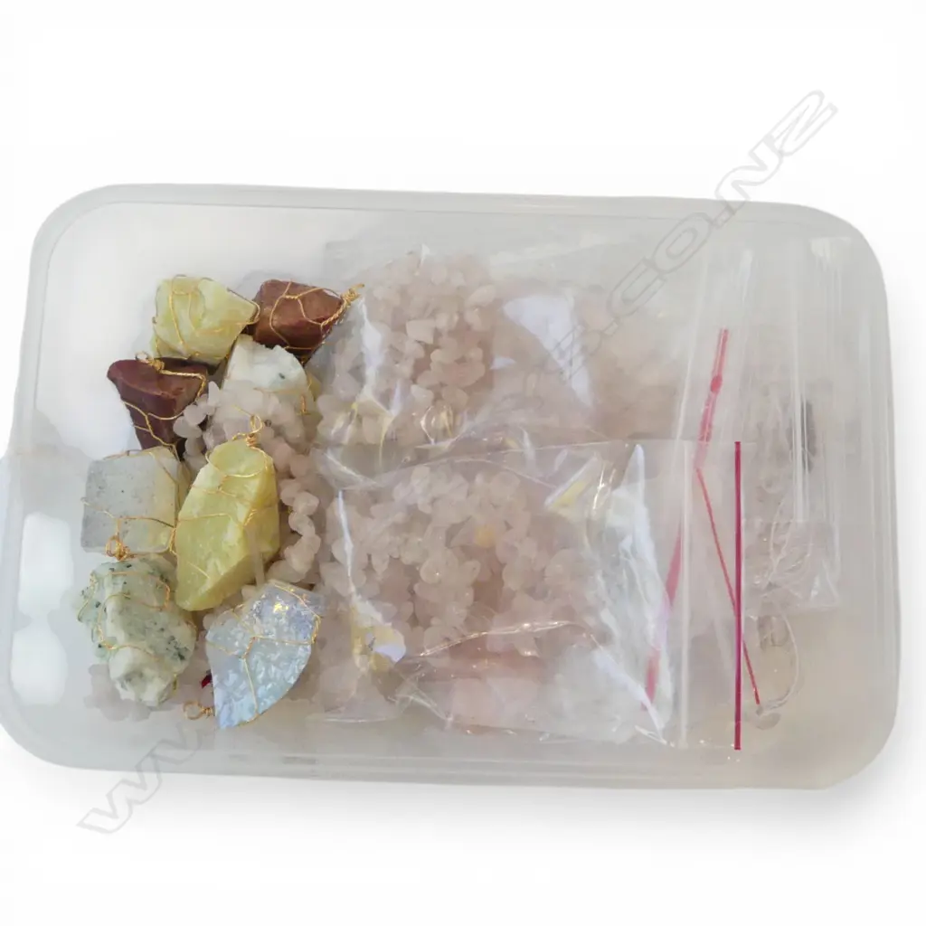 STRANDS ROSE QUARTZ CHIP & ASST. WIRED QUARTZ PENDANTS ETC, new old stock Image 1++