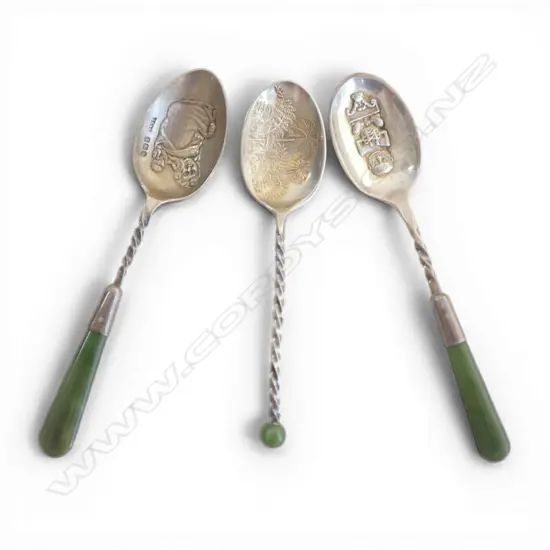3 SILVER AND POUNAMU TEASPOONS THE BOWLS DECORATED WITH MAORI /NZ MOTIFS 27gms