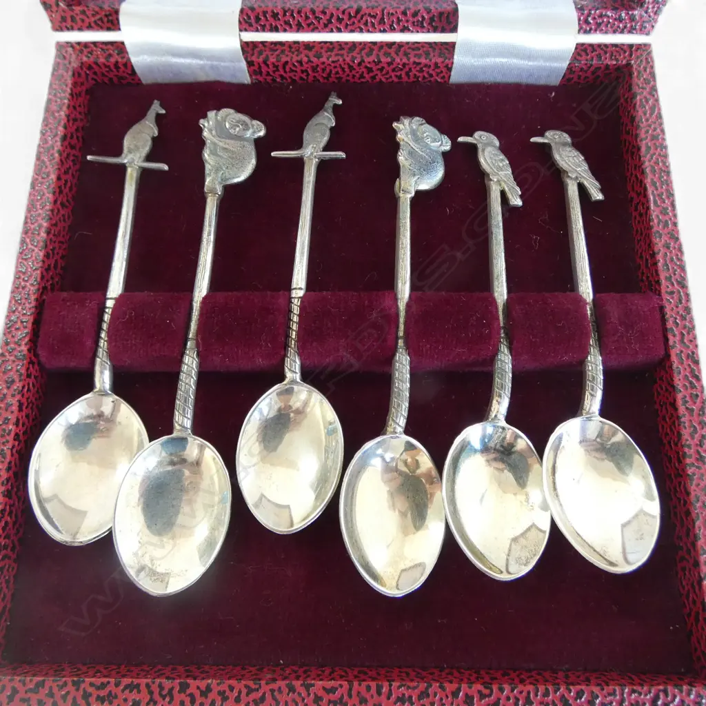AUSTRALIAN VINTAGE SET 6 'PROUDS' SILVER .925 COFFEE SPOONS birds & animals. 47gms  Image 1++