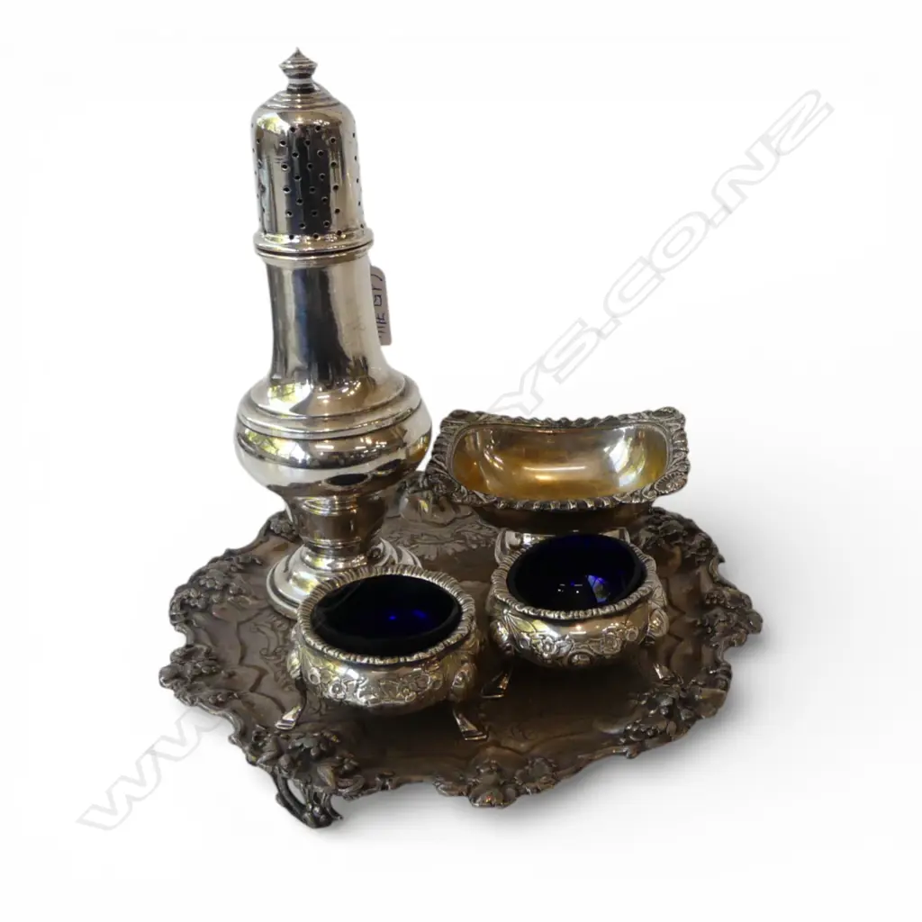 SMALL OSP TRAY 215mm dia, PR  STERLING SILVER SALTS 120gms approx, SINGLE SALT, SUGAR SHAKER H.195mm Image 1++