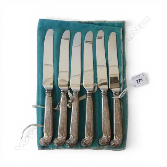 6 CANADIAN STG SILVER PISTOL HANDLED KNIVES, BIRKS 1950 L.230mm