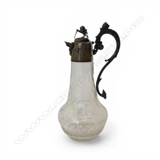 VICTORIAN '1870' SILVER PLATE MOUNTED & CUT GLASS CLARET JUG. Lion finial. H,290mm