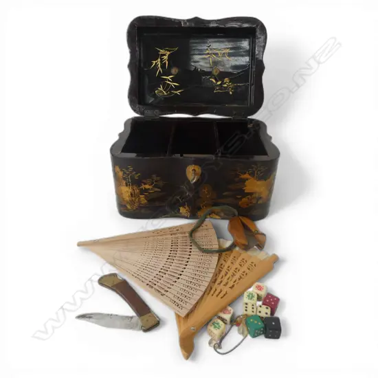ORIENTAL BOX w. KEY, ASST. DICE, 2 FANS, etc
