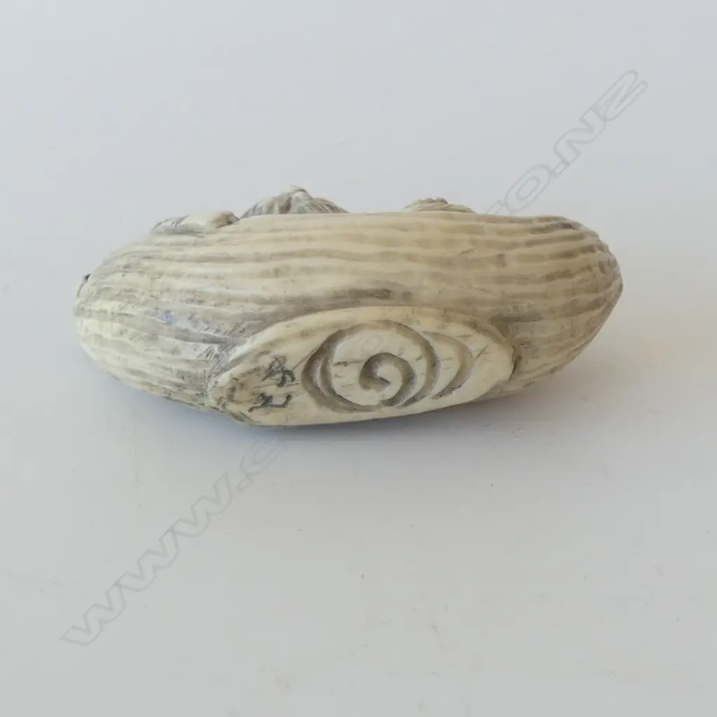 JAPANESE CARVED IVORY NETSUKE reclining scholar SIGNED W.55mm Image 1++