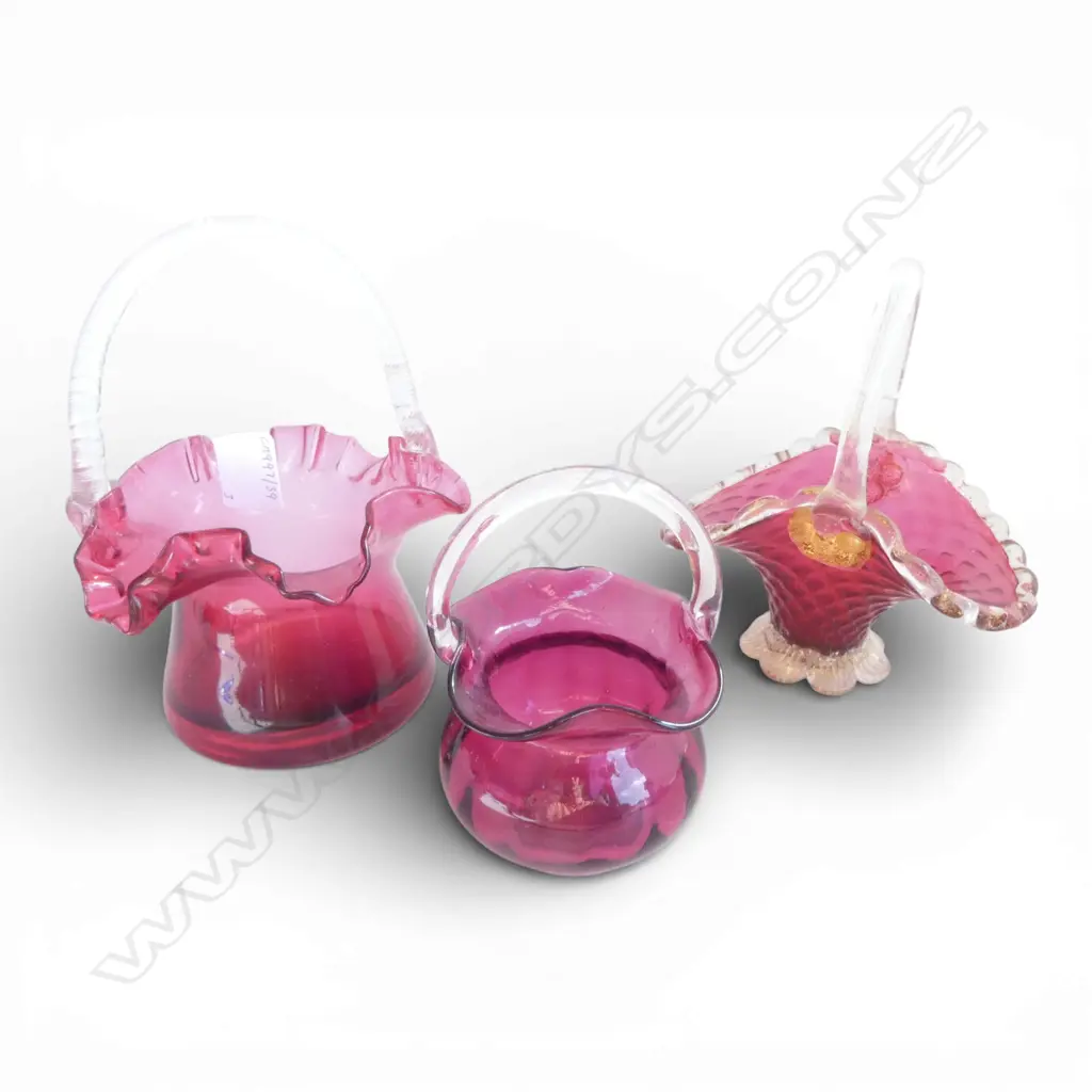 3 EDWARDIAN CRANBERRY GLASS BASKETS H200MM TALLEST Image 1++