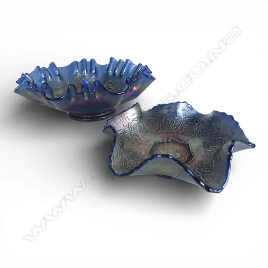 2 BLUE CARNIVAL GLASS BOWLS 210mm dia
