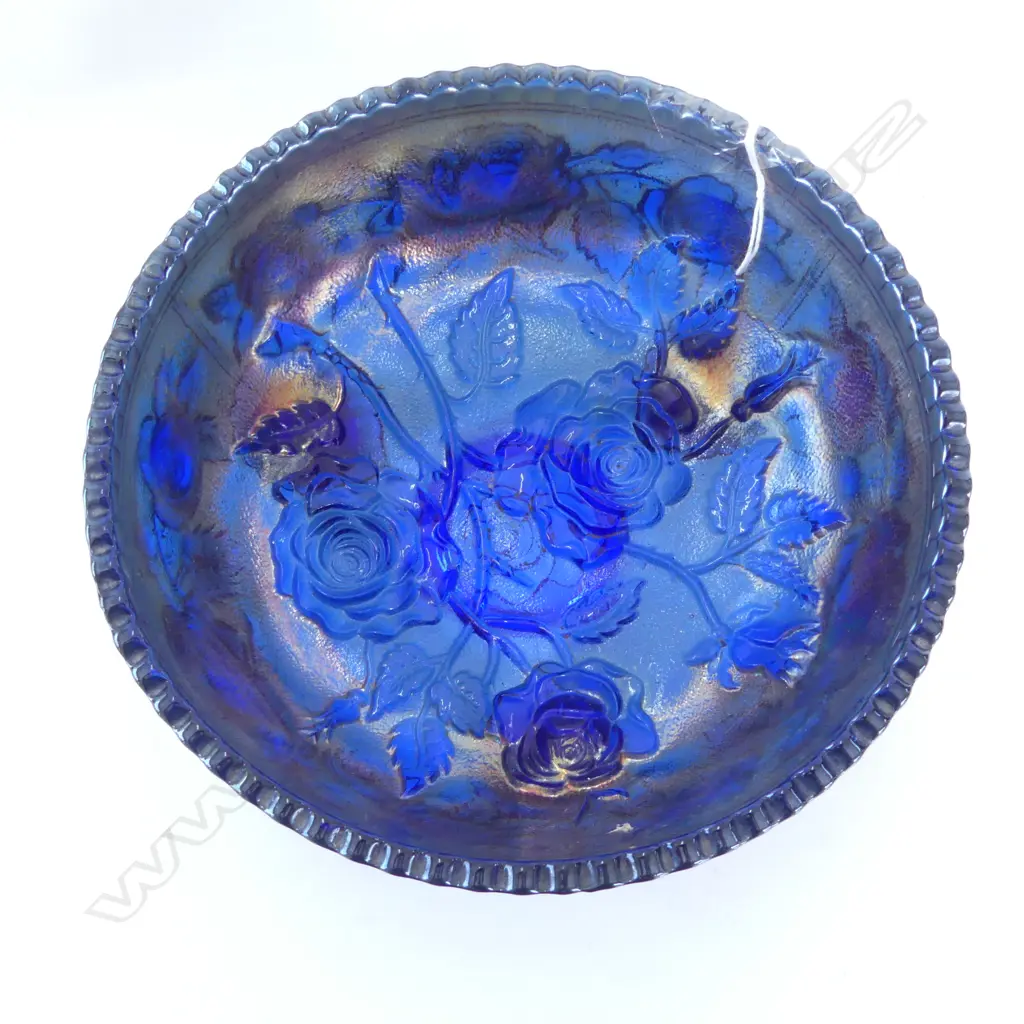BLUE CARNIVAL GLASS ROSE BOWL 195mm dia Image 1++