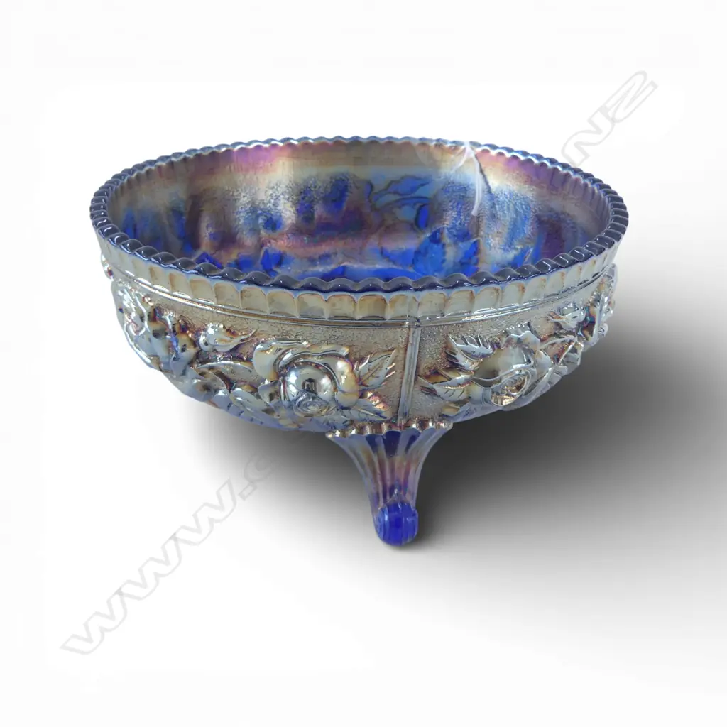 BLUE CARNIVAL GLASS ROSE BOWL 195mm dia Image 1++