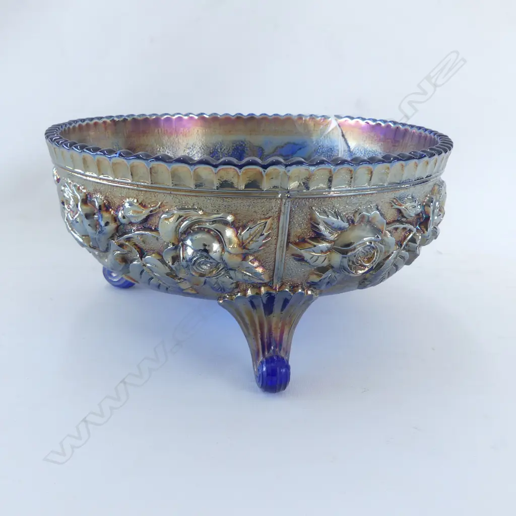 BLUE CARNIVAL GLASS ROSE BOWL 195mm dia Image 1++