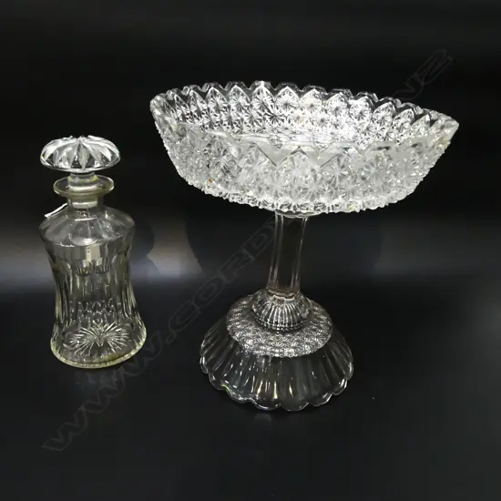 LGE OLD PRESSED GLASS TAZZA 2 section. chip to stand Dia.275mm H.295mm + CUT CRYSTAL DECANTER