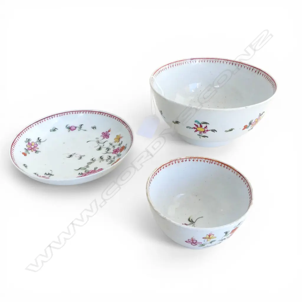 3 18th/19thC ENGLISH CERAMIC PIECES: TEA BOWL & SAUCER DISH + LARGER BOWL. Possibly New Hall or similar. Minor faults Image 1++