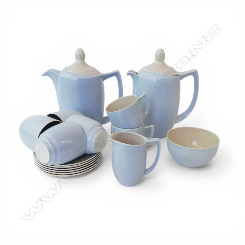 6 place BRANKSOME COFFEE SET Elephant Grey & Queen's Blue. 2 pots + 6cups & saucers + sugar & cream. minor faults Image 1++