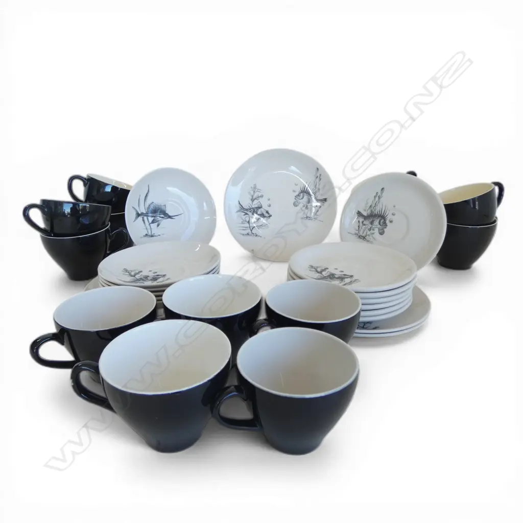 6 CROWN LYNN 'PREHISTORIC FISH TRIOS two cups marked 'made in England' + 7 SUPER VITRIFIED SAUCERS & 7 asst. cups Image 1++