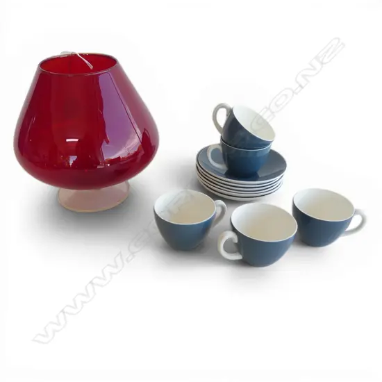 RED GLASS VASE H.170mm (BASE REPAIRED), 5 POOLE C/S + EXTRA SAUCER