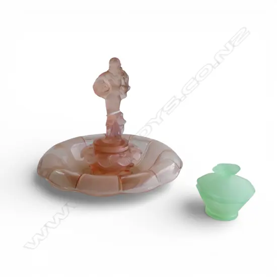 ART DECO PINK FROSTED GLASS FROG w. BASE H.220mm + URANIUM? GLASS CONTAINER 