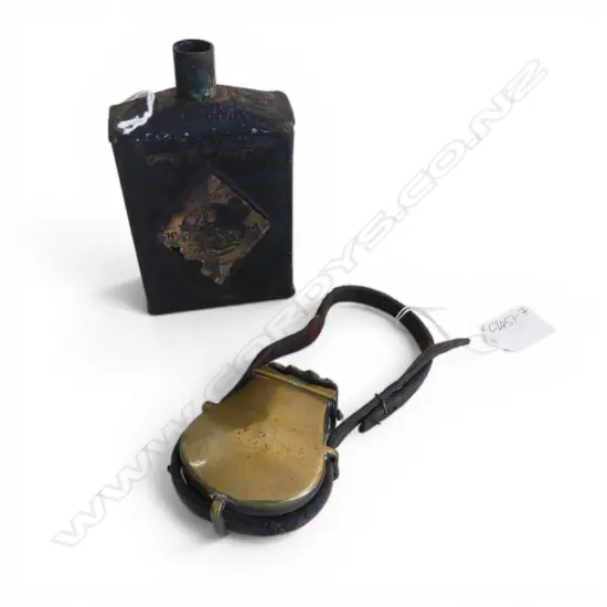 19thC BRASS GUNPOWDER FLASK hinged lid leather strap + old gunpowder tin