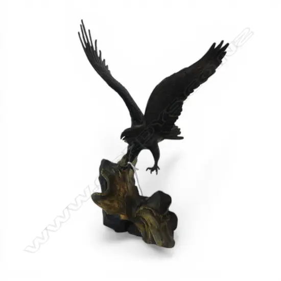 R. VAN RUYCKEVELT BRONZE SCULPTURE 'WINGS OF GLORY' on rocky base. Labelled. H.250mm