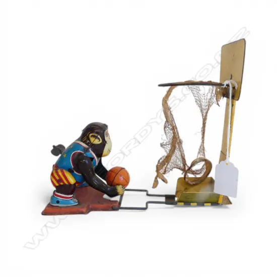 VINTAGE WIND-UP TIN PLATE MONKEY 'STAR 7' BASKETBALL TOY L.200mm