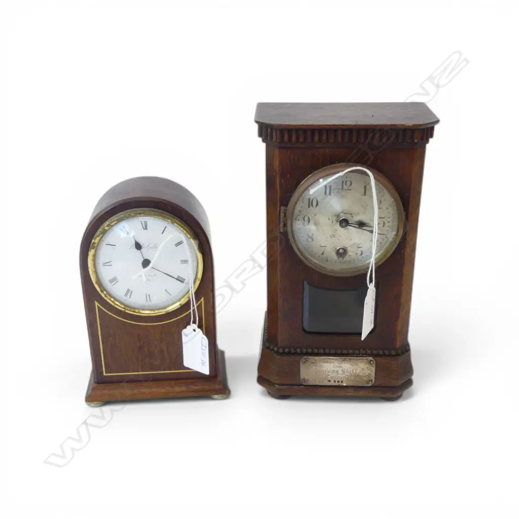 2 SMALL MANTLE CLOCKS: Vintage oak cased w silver plaque 'Nursing Staff Tauranga' H.205mm + Electric Sheraton style Image 1++