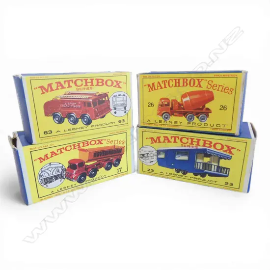 FOUR YELLOW BOX MATCHBOX VEHICLES - MODELS 17, 26, 62,33
