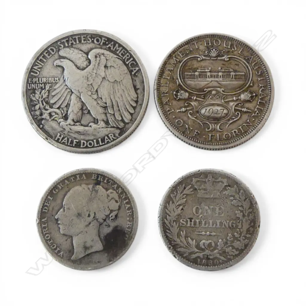 4 SILVER COINS; 2x 1880 92% SHILLINGS, 1X 1927 AUS. 925. FLORIN & 1X 90% HALF LIBERTY COIN Image 1++
