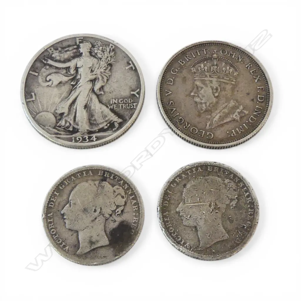 4 SILVER COINS; 2x 1880 92% SHILLINGS, 1X 1927 AUS. 925. FLORIN & 1X 90% HALF LIBERTY COIN Image 1++