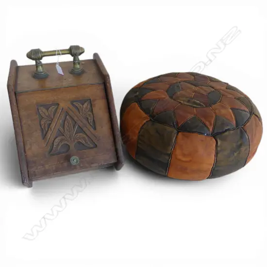 VINTAGE WOODEN COAL SCUTTLE AND A LEATHER POUF IN WORN CONDITION
