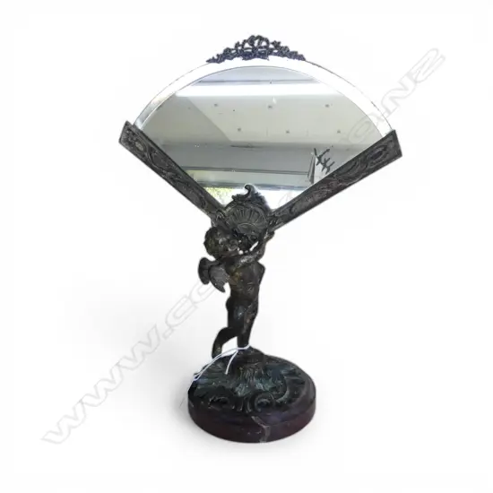 BRONZED METAL MIRROR cherub holding fan w. bevel edged mirror insert SIGNATURE INDISTINCT H.325mm