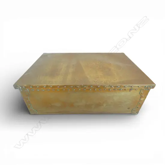 Arts & Crafts hammer finished brass hinged lid box - kauri lined W. 340mm