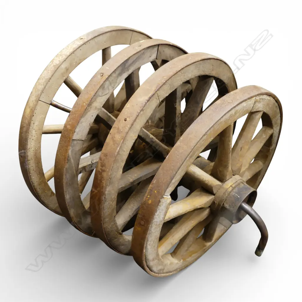 SET 4 19thC SMALL CART SPOKED WOODEN WHEELS with metal rims. Dia.415mm Image 1++