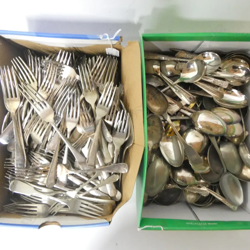 2 SHOE BOXES OF EP CUTLERY 1 SPOONS 1 FORKS Image 1++