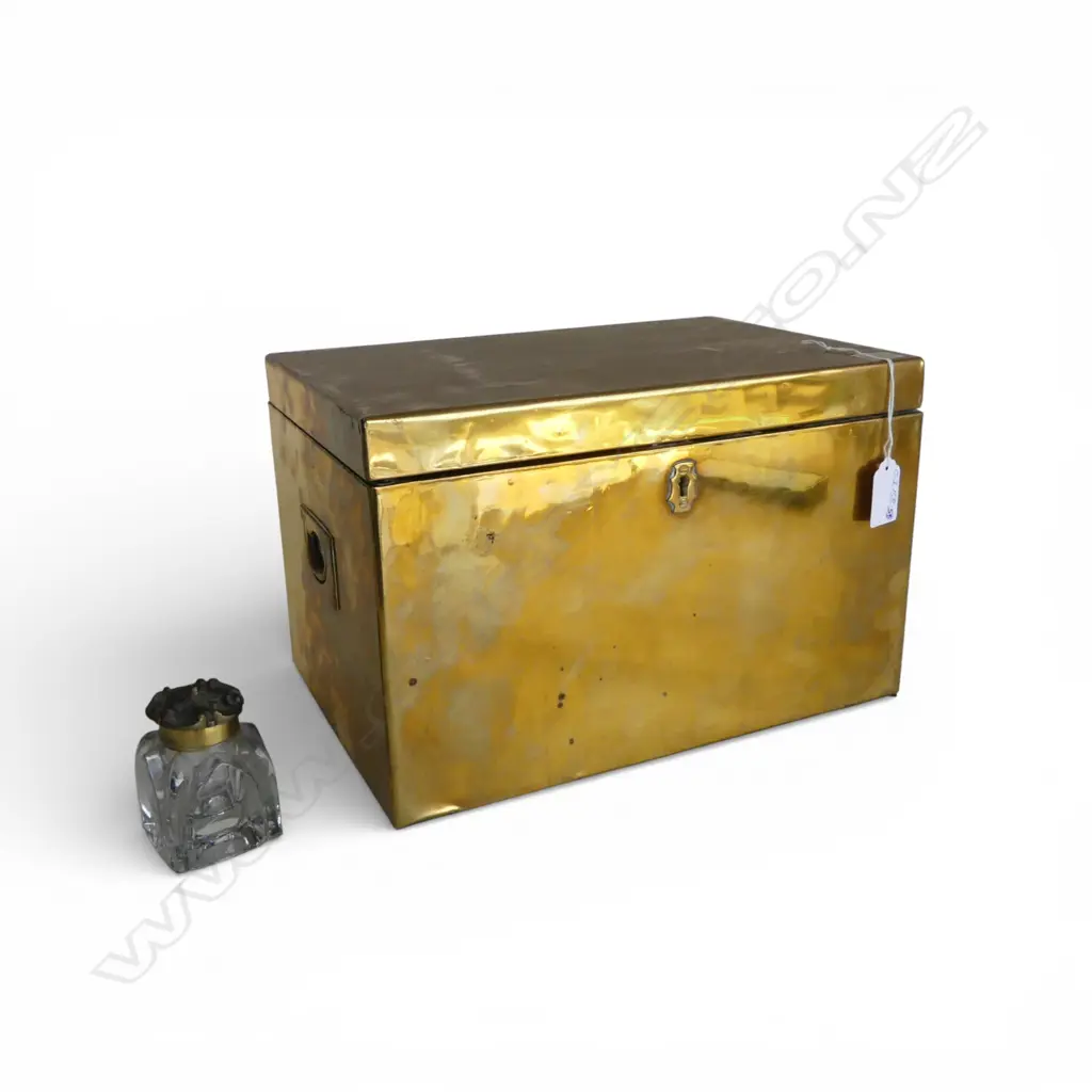 ANTIQUE PLAIN BRASS BOUND DEEDS BOX recessed side handles 305 x 200 x 200mm Image 1++